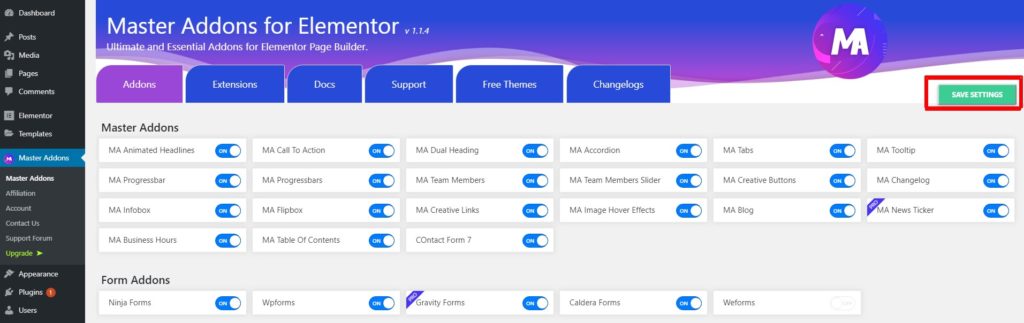 Can't see the Master Addon Element inside Elementor Page editor? 4 Master Addons Element Save Settings Button