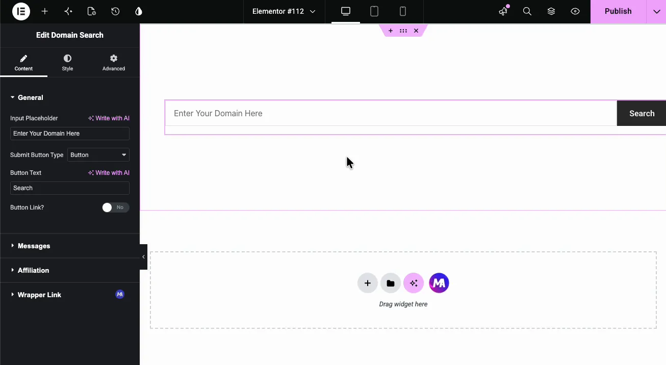 Domain Search widget general settings in Elementor with input placeholder, submit button type, and button text beside the search bar