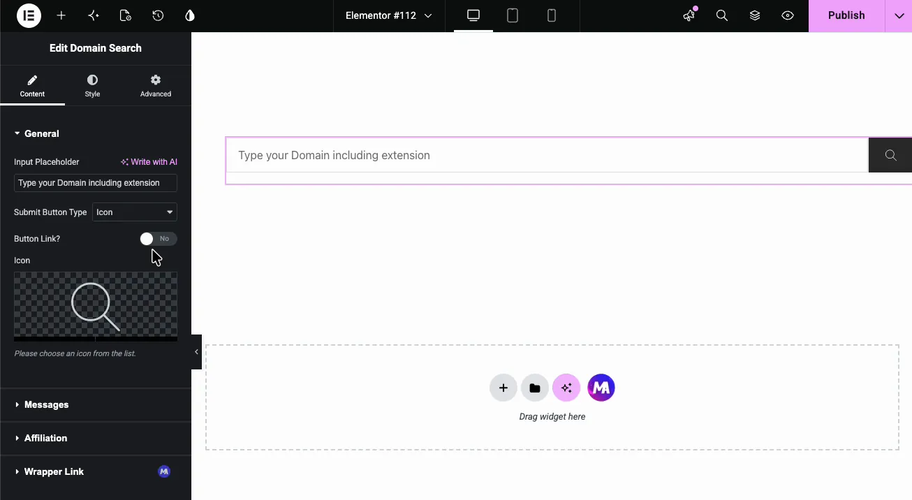 Domain Search submit button type set to icon with the magnifier icon selected and shown on the search bar
