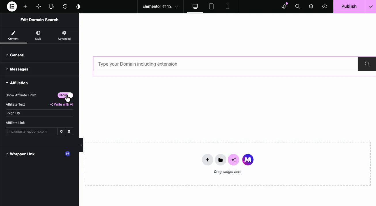 Domain Search affiliation settings with show affiliate link enabled, sign up affiliate text, and affiliate link field