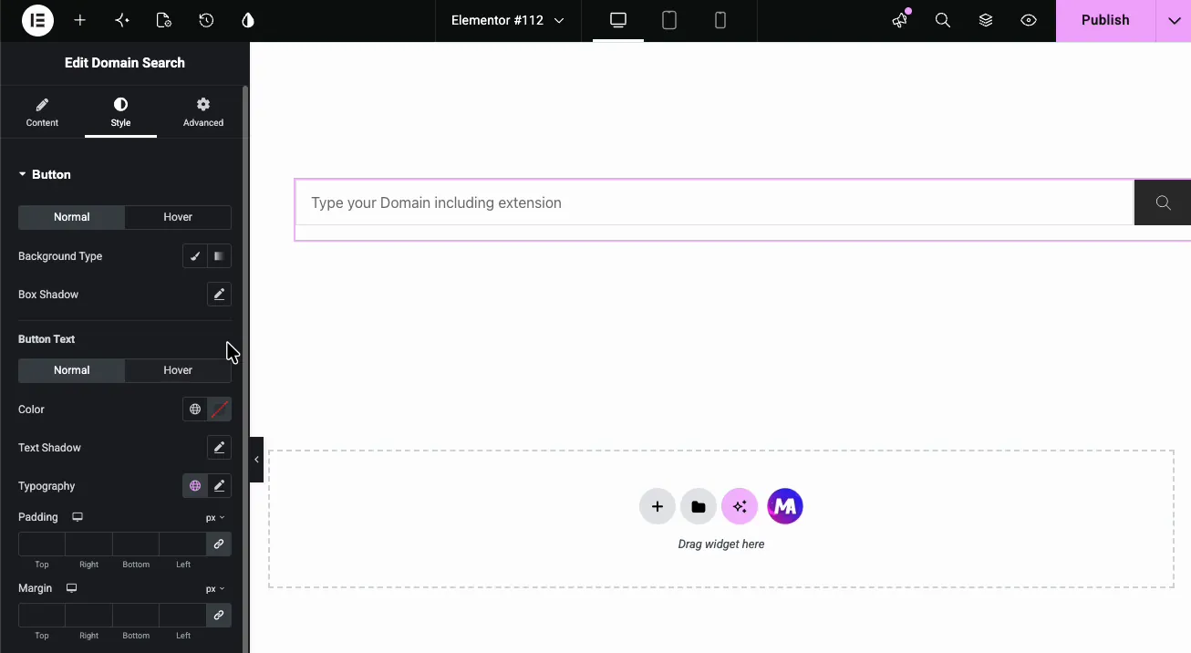 Domain Search style tab with button background, box shadow, and button text color and typography controls