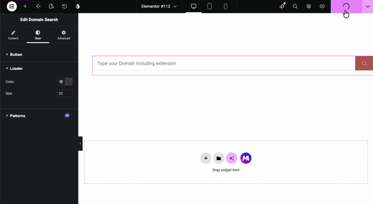 Domain Search loader style section with color and size controls for the search spinner