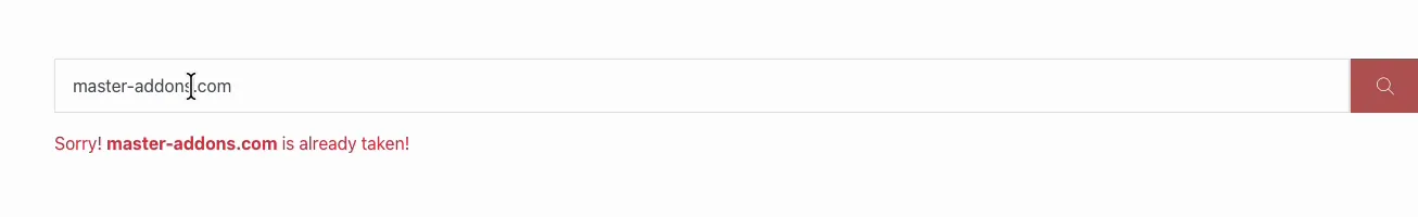 Domain search result on the live page showing sorry master-addons.com is already taken in red