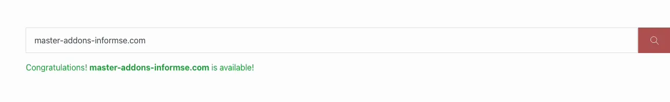 Domain search result on the live page showing congratulations the domain is available in green