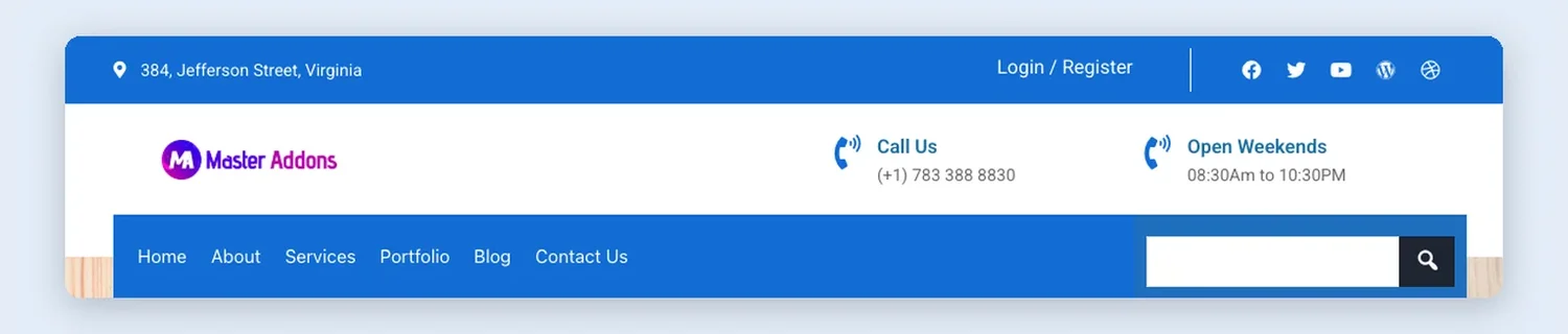 Contact Info Header with Search template, full page