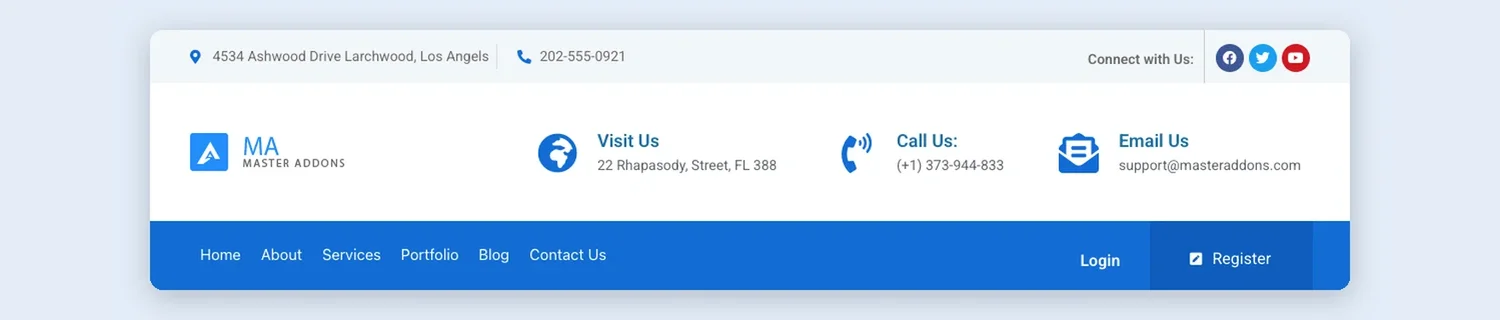Visit, Call and Mail Header template, full page